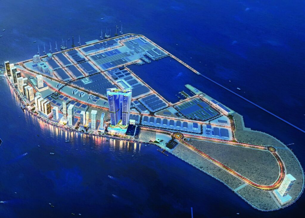 Aerial night view of the Maritime City peninsula with Oceanz by Danube