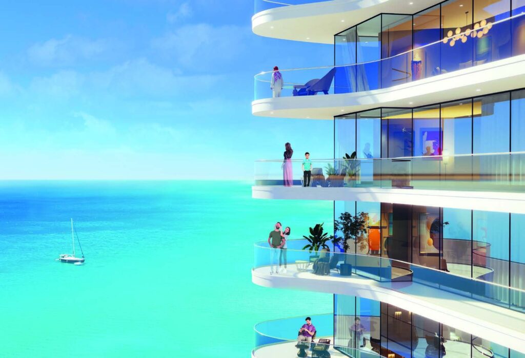 Glass balconies with sea views at Oceanz by Danube, Dubai Maritime City