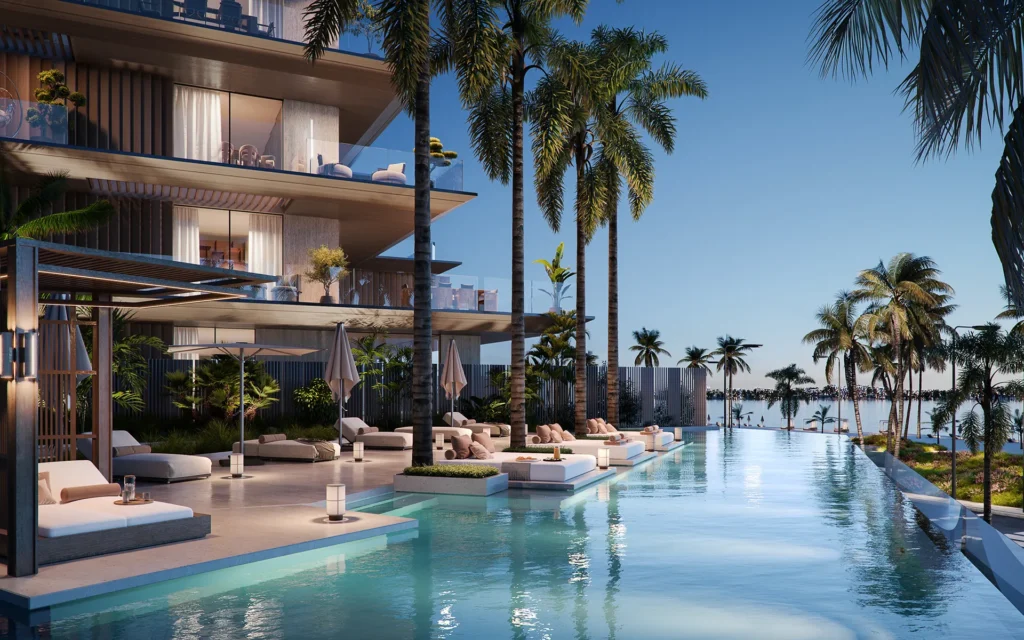 Infinity pool lined with palms at Omoria Private Residences, Dubai Islands
