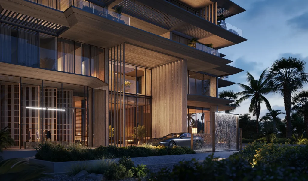Timber clad facade of Omoria Private Residences at dusk, Dubai Islands