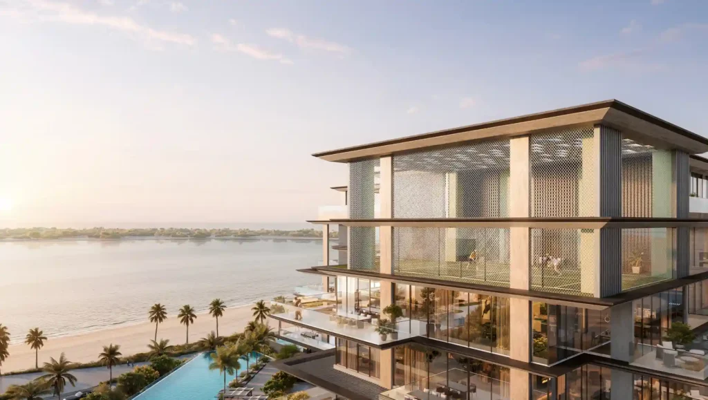Glazed corner residences of Omoria Private Residences overlooking the sea, Dubai Islands