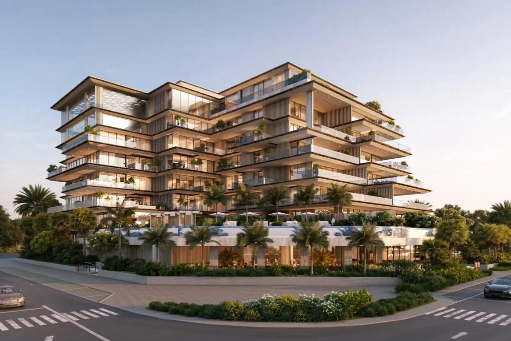 Omoria Private Residences stepped building beside the coastal road, Dubai Islands