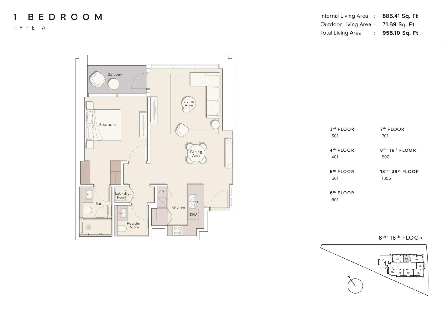 One River Point 1 bedroom type A floor plan, Business Bay, Dubai