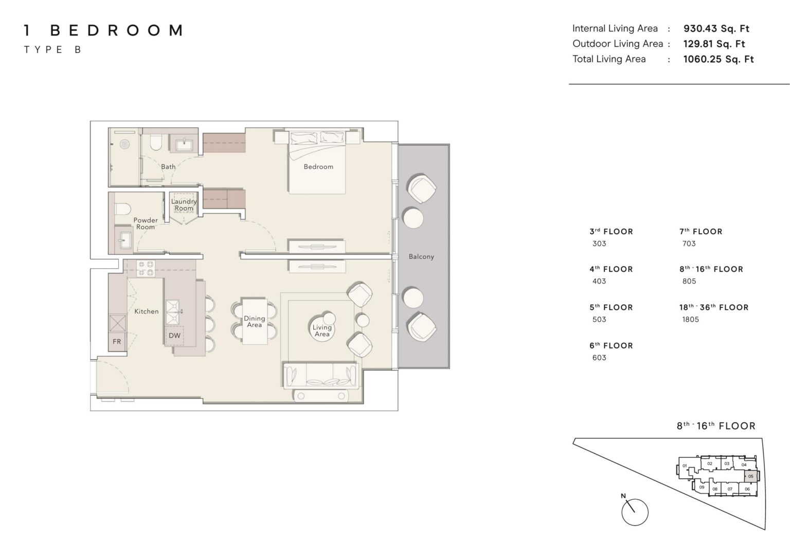 One River Point 1 bedroom type B floor plan, Business Bay, Dubai