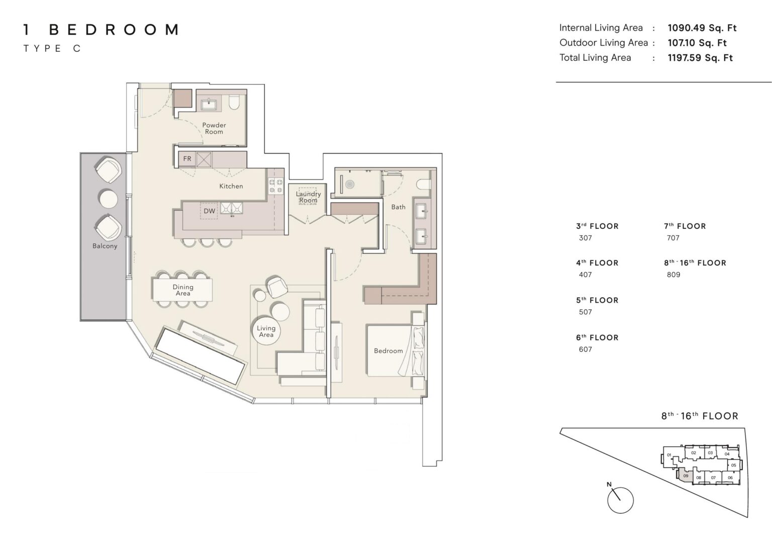 One River Point 1 bedroom type C floor plan, Business Bay, Dubai