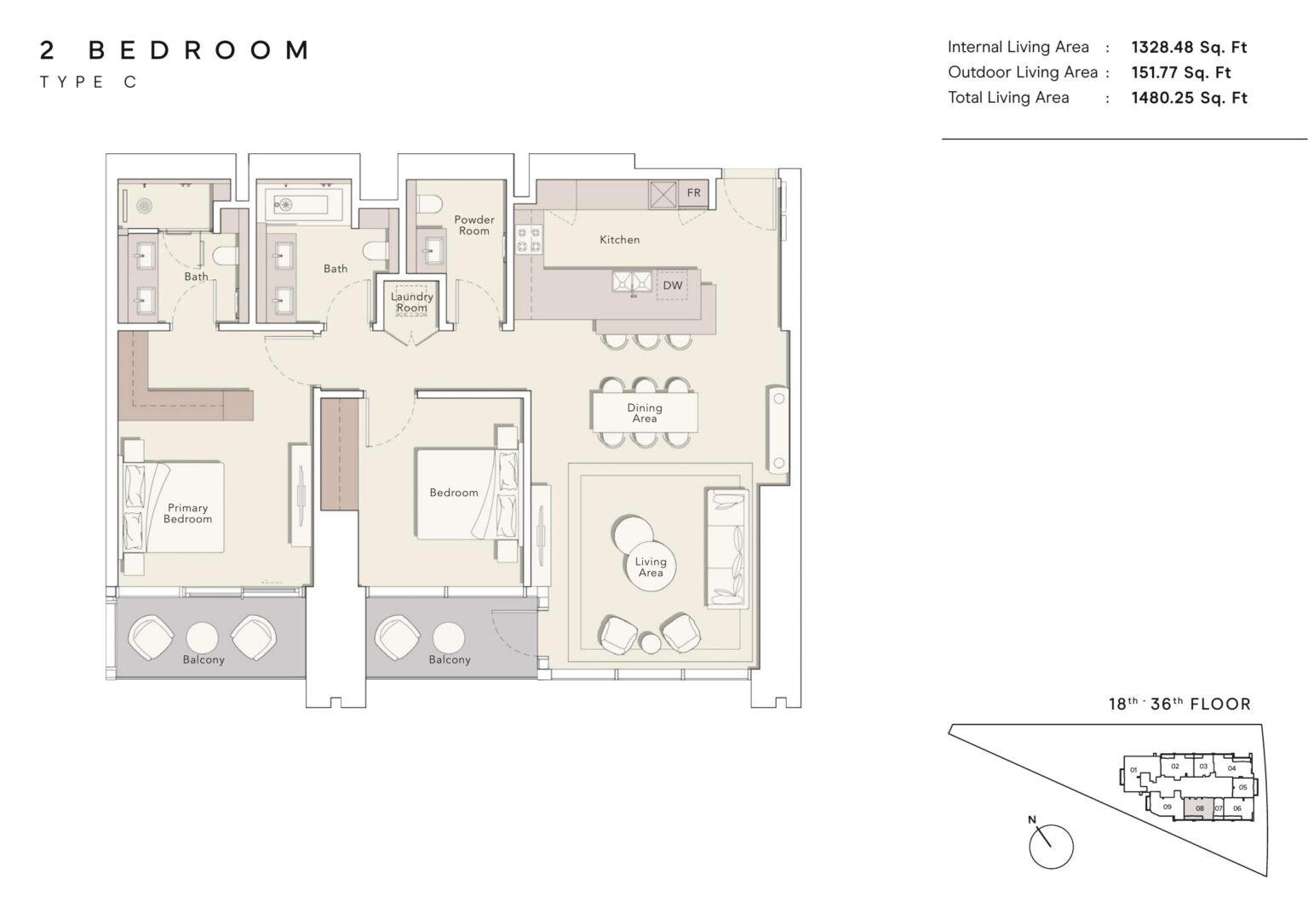 One River Point 2 bedroom type C floor plan, Business Bay, Dubai