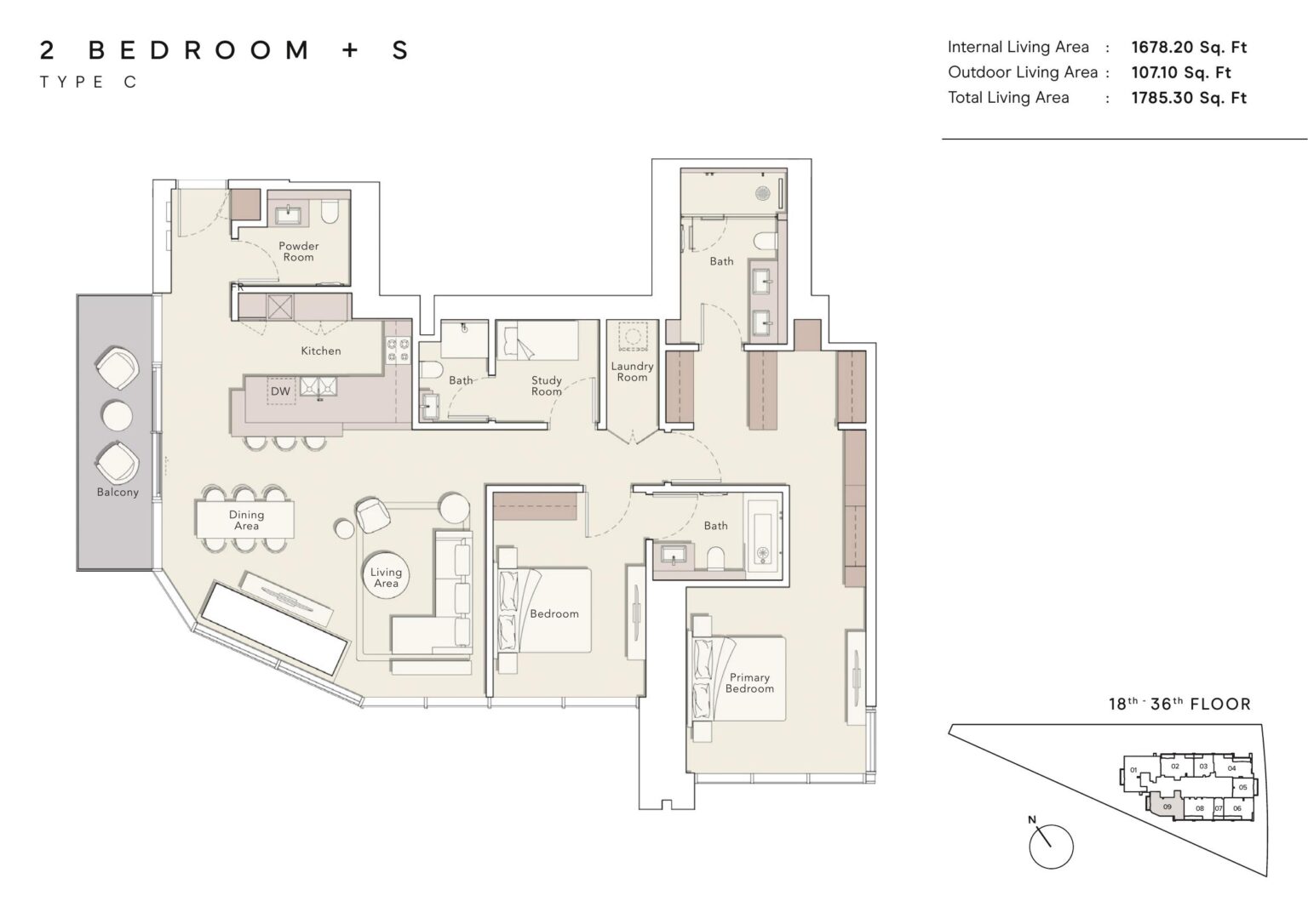 One River Point 2 bedroom with study type F floor plan, Business Bay, Dubai