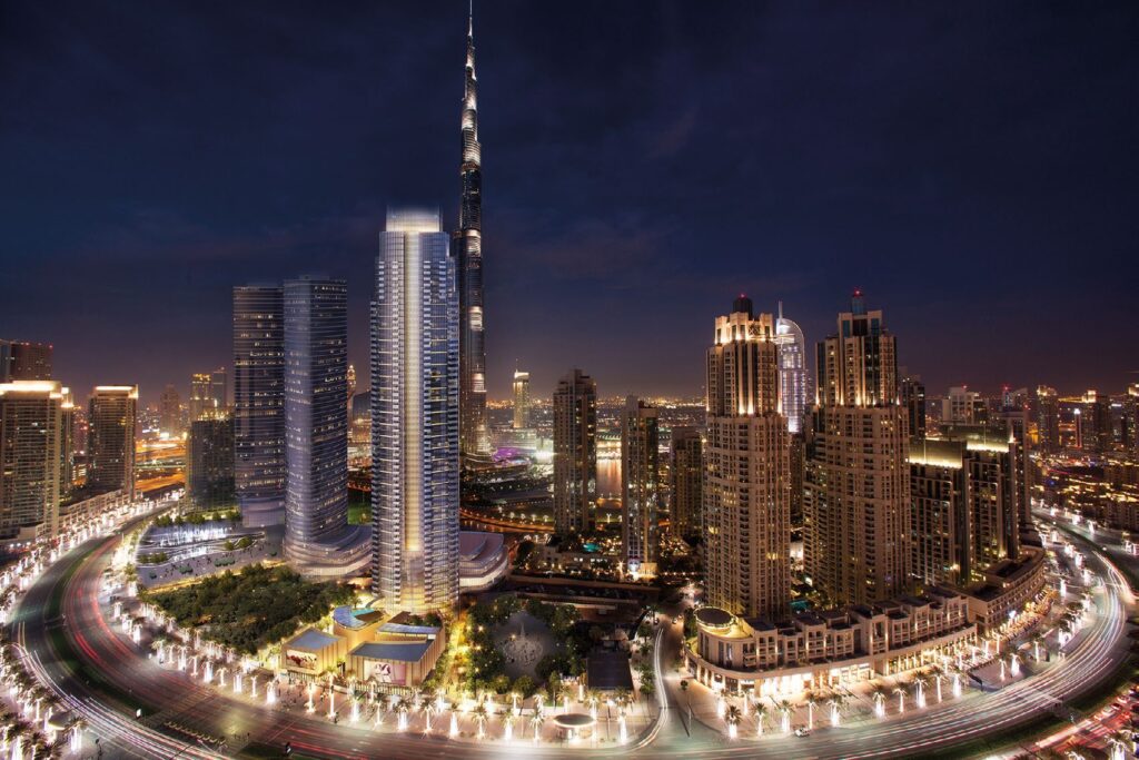 Night view of Opera Grand among the Downtown Dubai towers