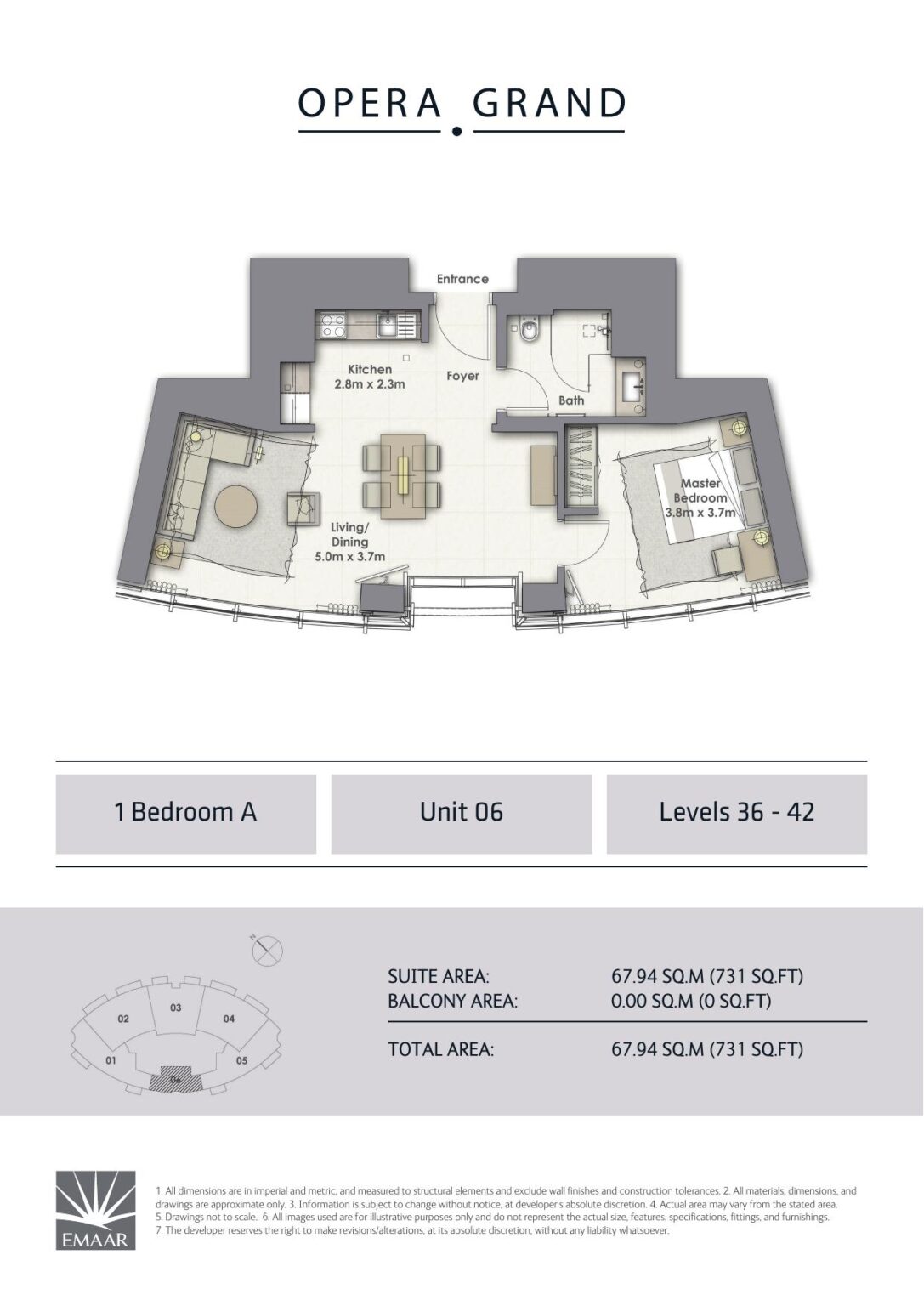 Opera Grand 1 bedroom apartment floor plan, type A, Downtown Dubai