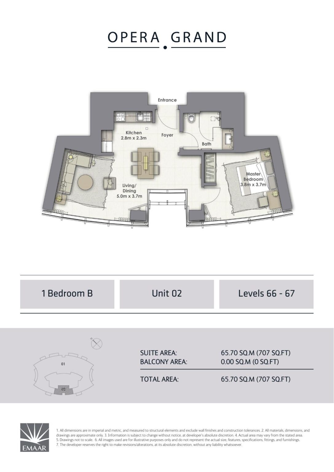 Opera Grand 1 bedroom apartment floor plan, type B, Downtown Dubai