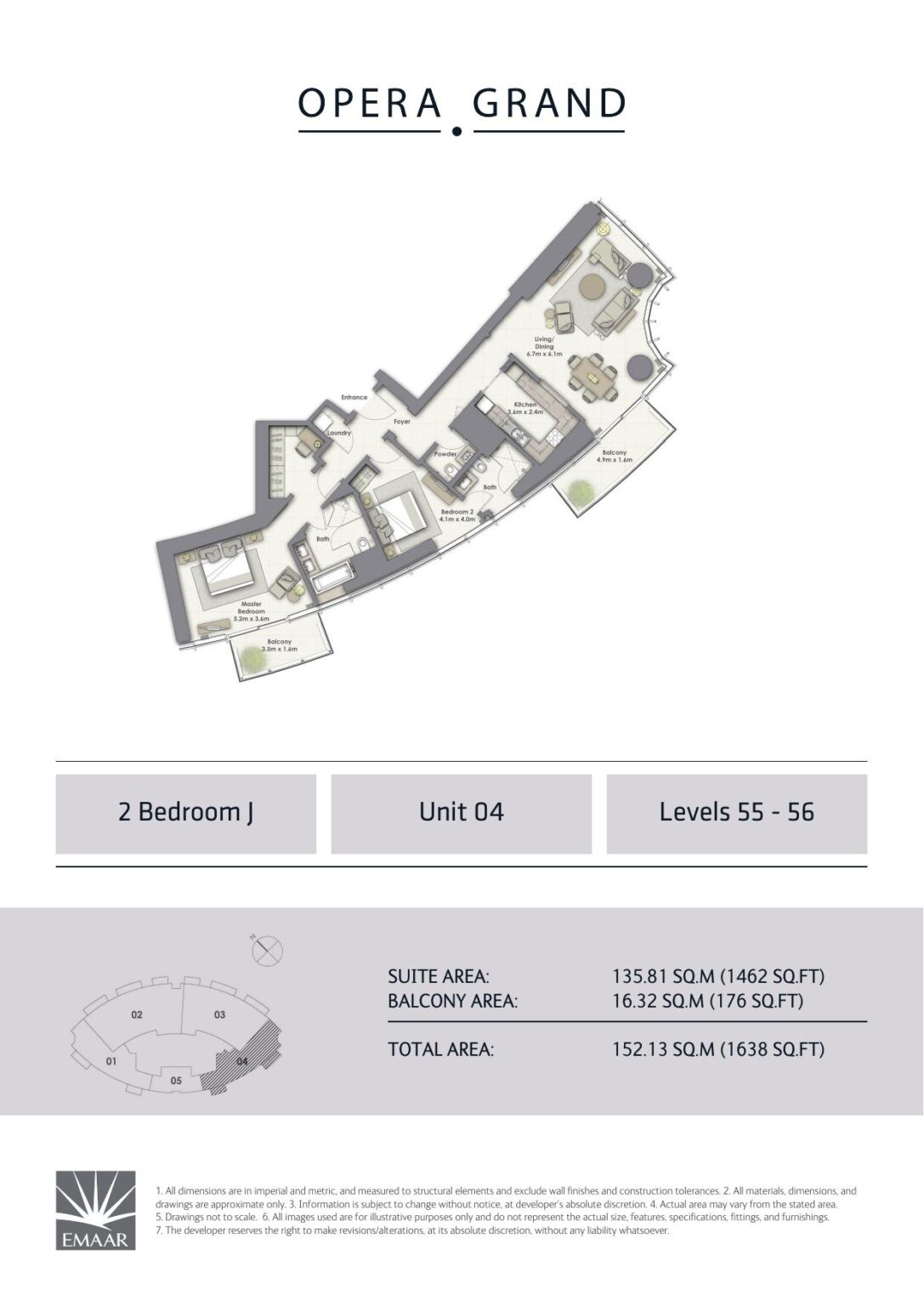 Opera Grand 2 bedroom apartment floor plan, type J, Downtown Dubai