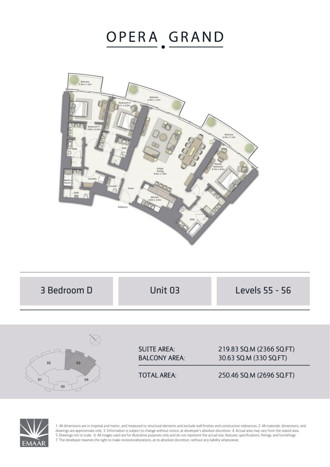 Opera Grand 3 bedroom apartment floor plan, type D, Downtown Dubai