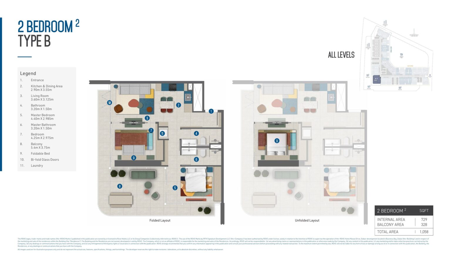 Rove Home Marasi Drive 2 bedroom apartment floor plan, type B, Business Bay