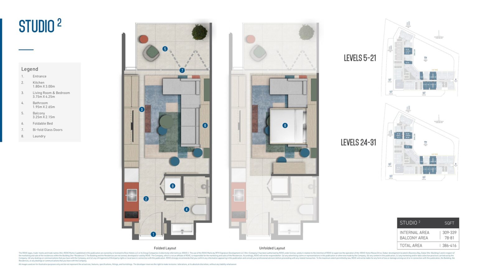 Rove Home Marasi Drive studio apartment floor plan, Business Bay