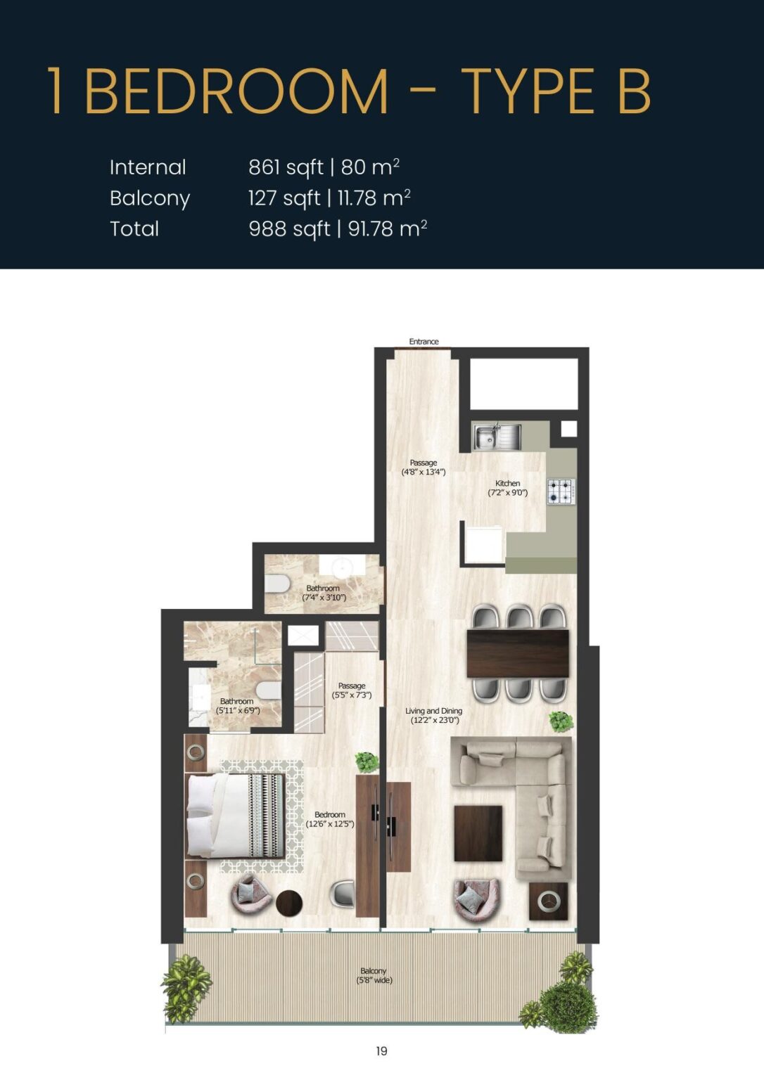 SOL Bay 1 bedroom apartment floor plan, type B, Business Bay