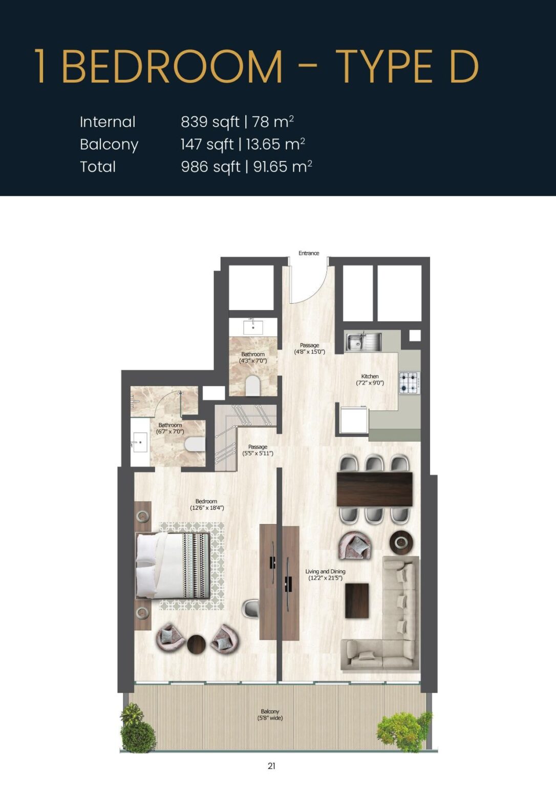 SOL Bay 1 bedroom apartment floor plan, type D, Business Bay