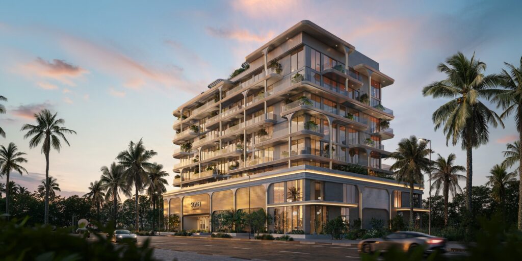 SOMA Residences building at sunset framed by palms, Dubai Islands