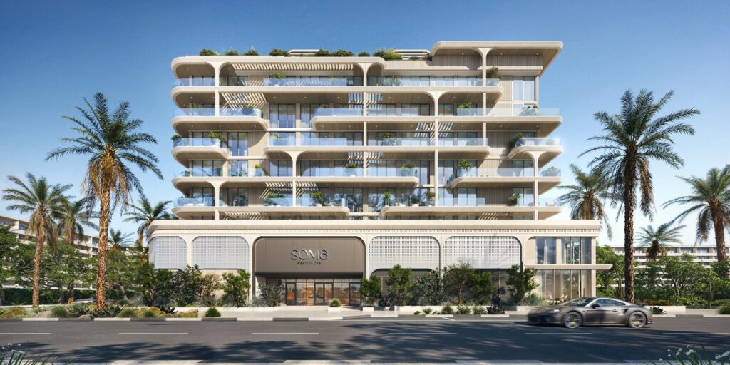 SOMA Residences building with curved white balconies and palm trees, Dubai Islands