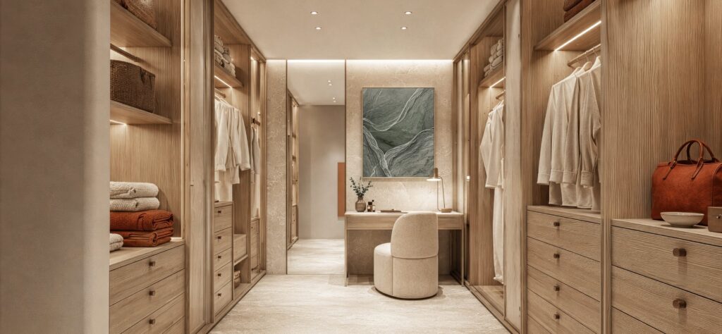 Walk in wardrobe with timber cabinetry at SOMA Residences, Dubai Islands