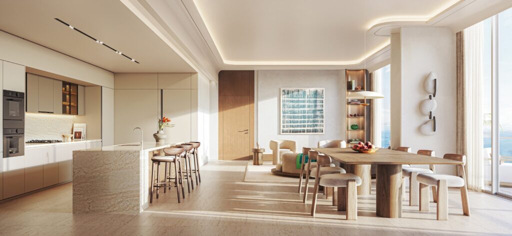 Kitchen island and dining table at SOMA Residences, Dubai Islands