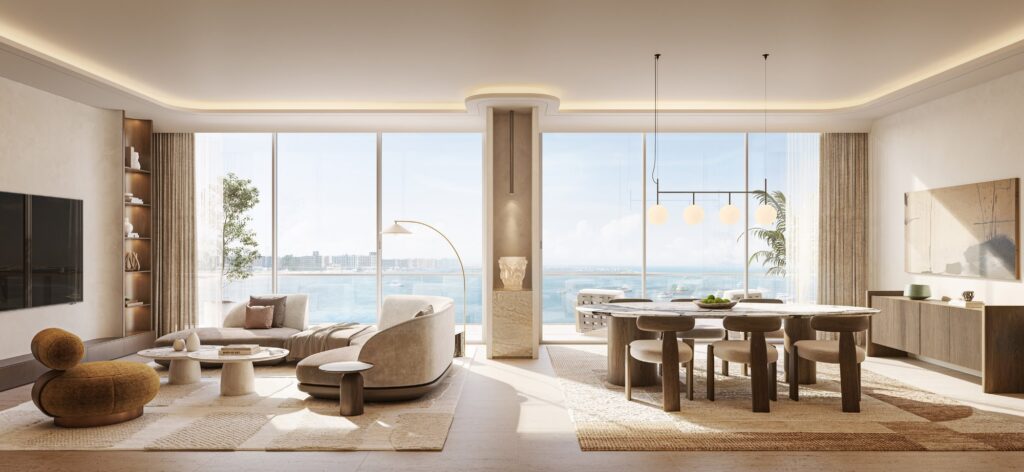 Living room and dining area with sea view at SOMA Residences, Dubai Islands