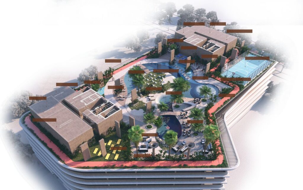 Aerial render of the Stax by Pasha1 podium with rooftop gardens and pool, Jumeirah Village Circle