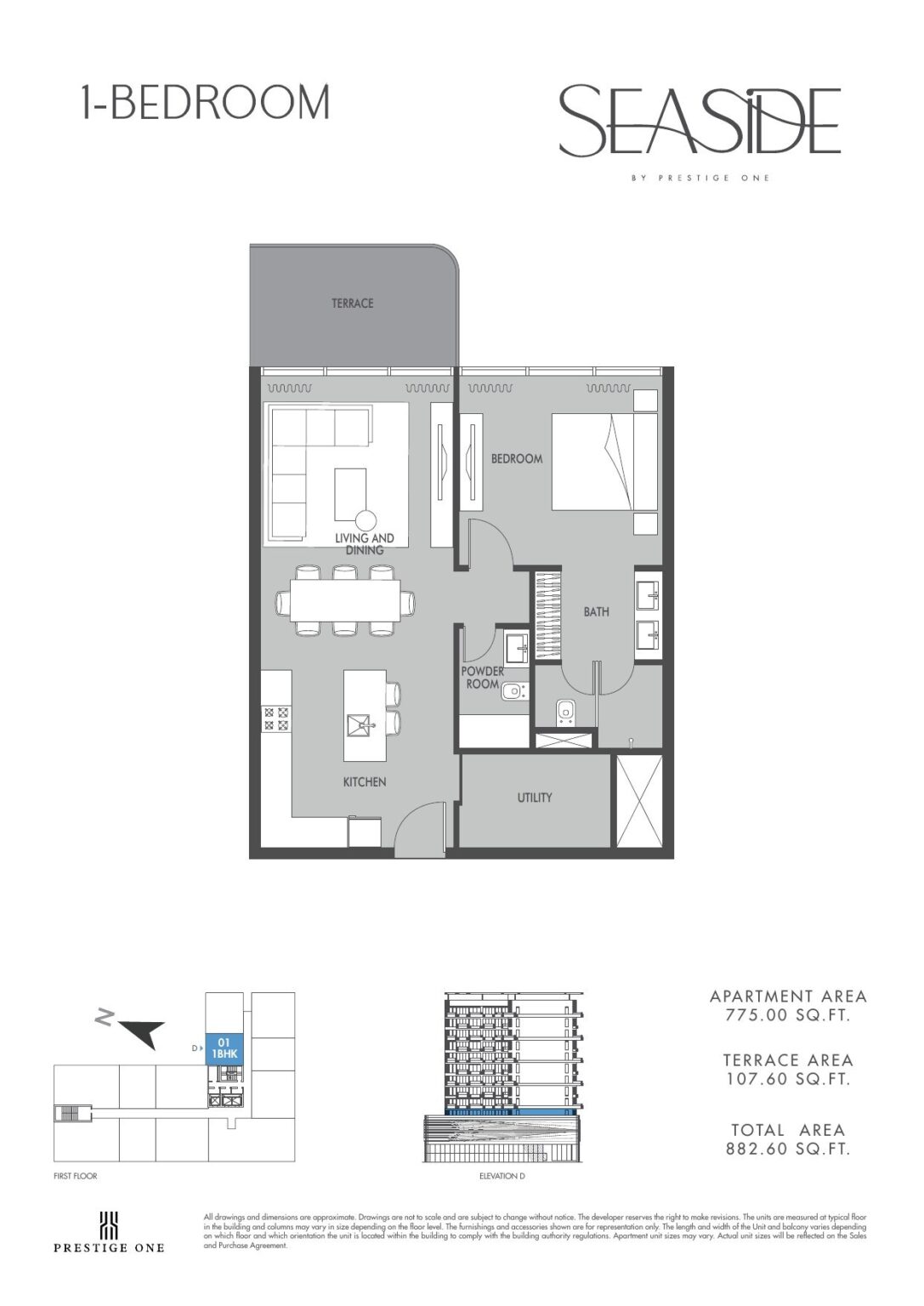Seaside by Prestige One 1 bedroom type C with terrace floor plan, Dubai Islands