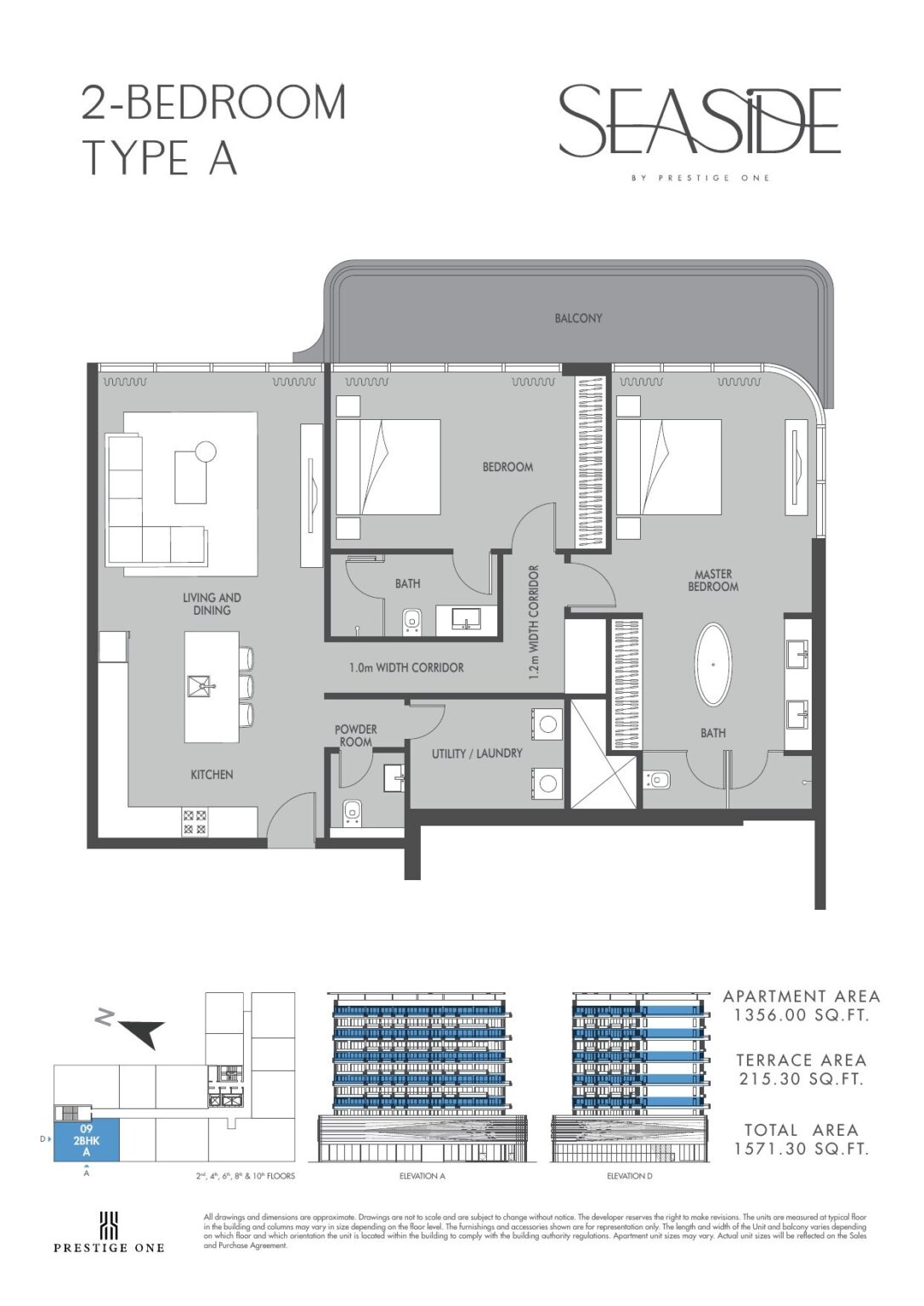 Seaside by Prestige One 2 bedroom type A with balcony floor plan, Dubai Islands