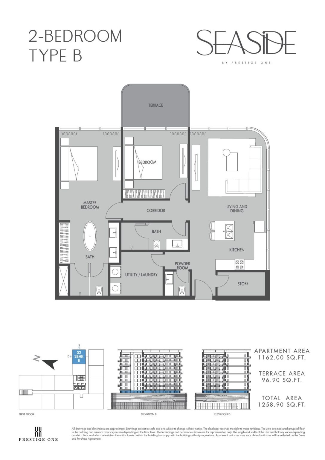 Seaside by Prestige One 2 bedroom type B with terrace floor plan, Dubai Islands