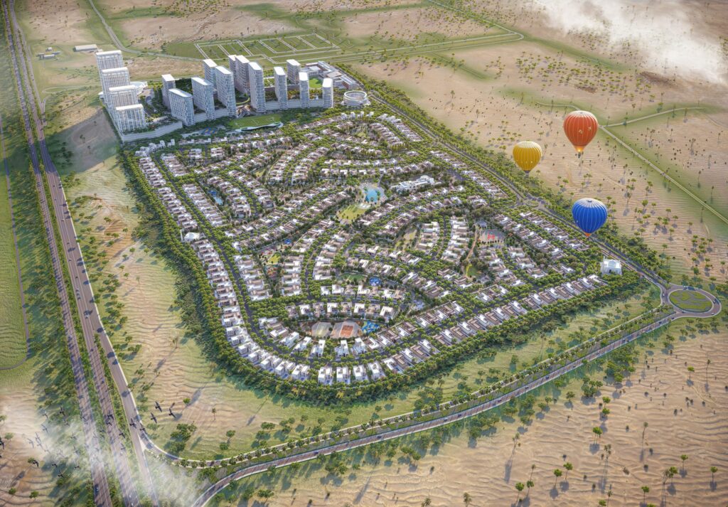 Aerial view of the Sobha Elwood villa community in Dubailand, Dubai