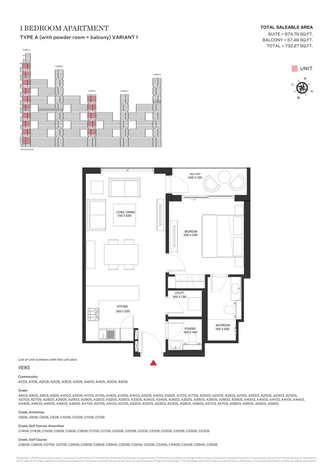 Sobha One 1 bedroom apartment floor plan, layout 2 of 2, Nad Al Sheba, Sobha Hartland