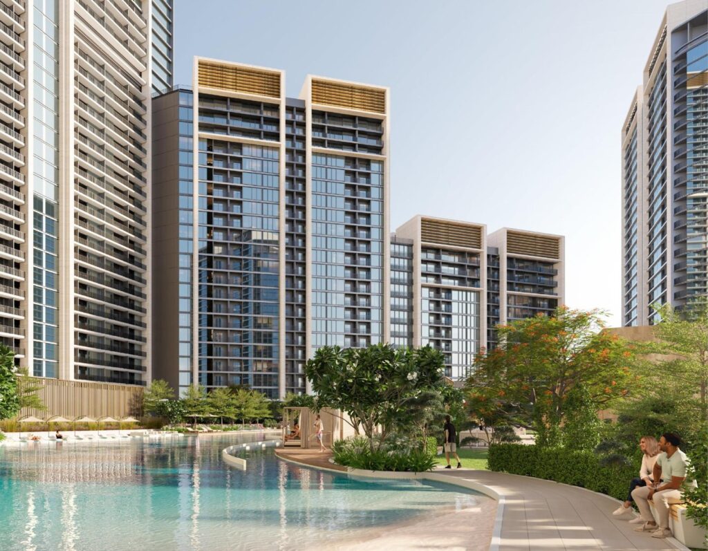 Sobha Orbis towers above a resort style pool, Motor City, Dubai