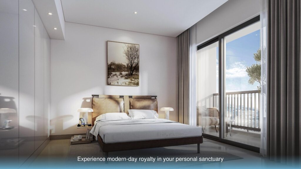 Bedroom with balcony doors at Sobha Orbis, Motor City, Dubai