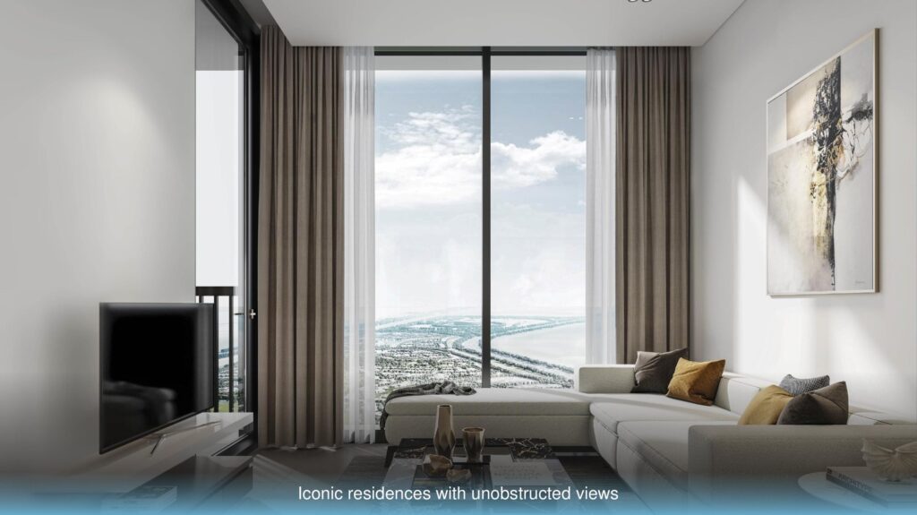 Studio living space with city view at Sobha Orbis, Motor City, Dubai