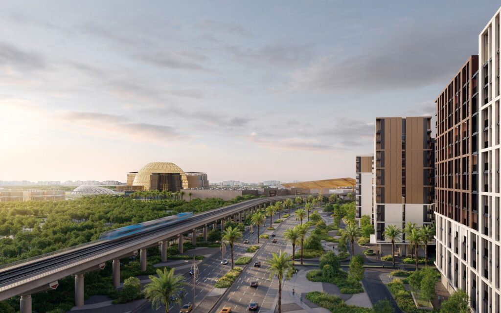 Terra Gardens apartment buildings beside the metro line and parkland, Dubai South