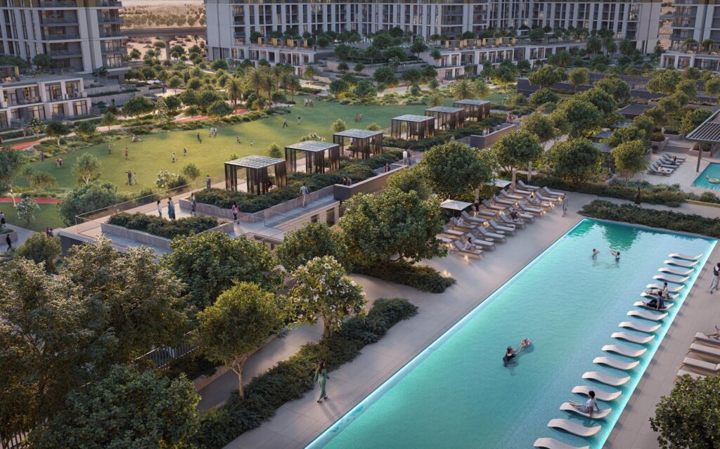 Aerial view of the lap pool and gardens at Terra Gardens, Dubai South