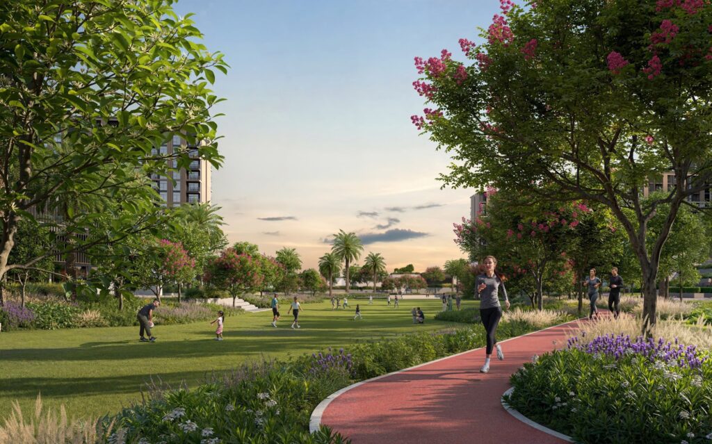 Jogging path through flowering gardens at Terra Gardens, Dubai South