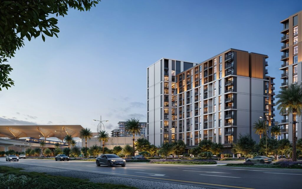 Terra Woods apartment buildings at dusk from the road, Dubai South