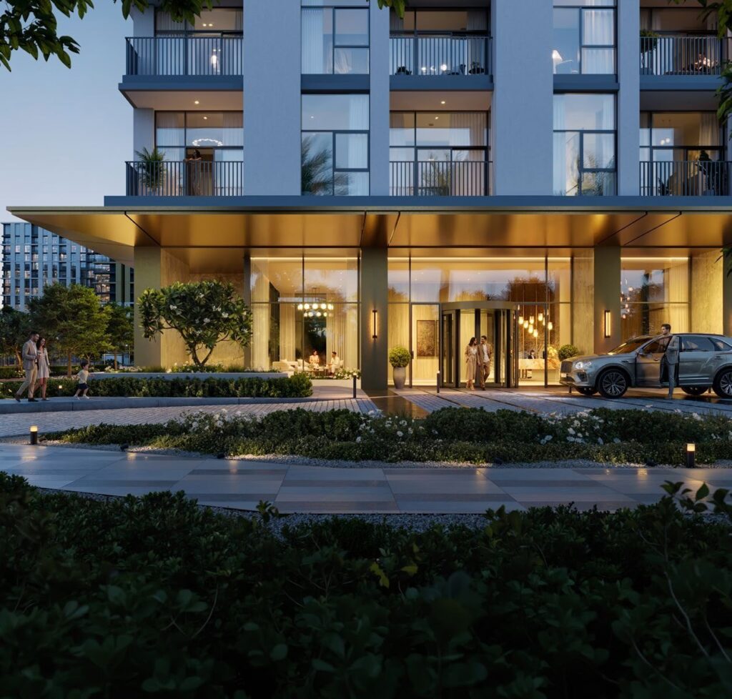 Glazed lobby entrance with landscaped drop off at Terra Woods, Dubai South