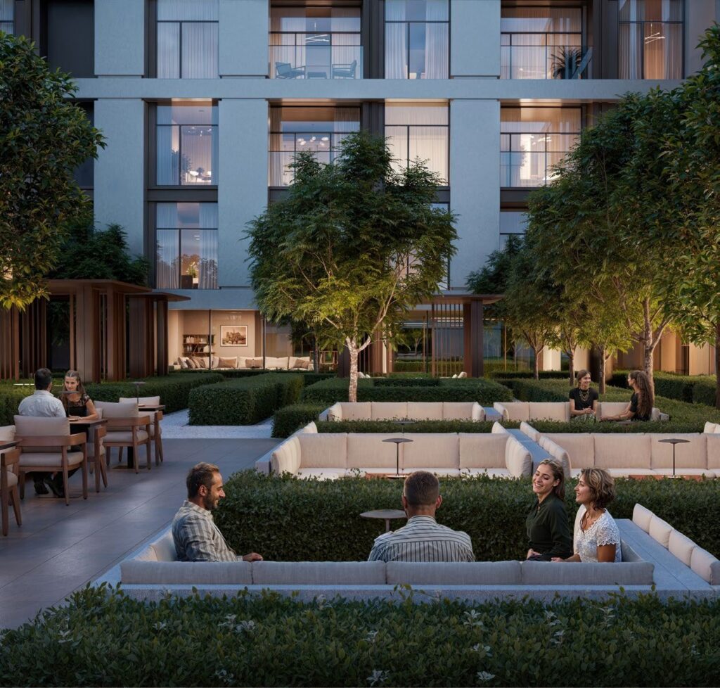 Courtyard garden with seating between the Terra Woods buildings, Dubai South