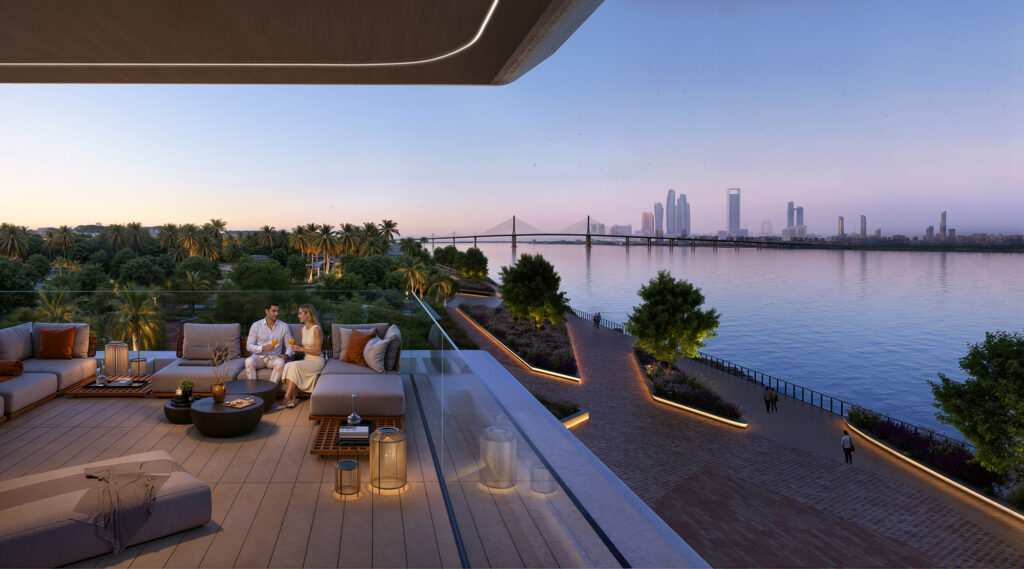 Terrace lounge with Abu Dhabi skyline views at Bashayer Residences