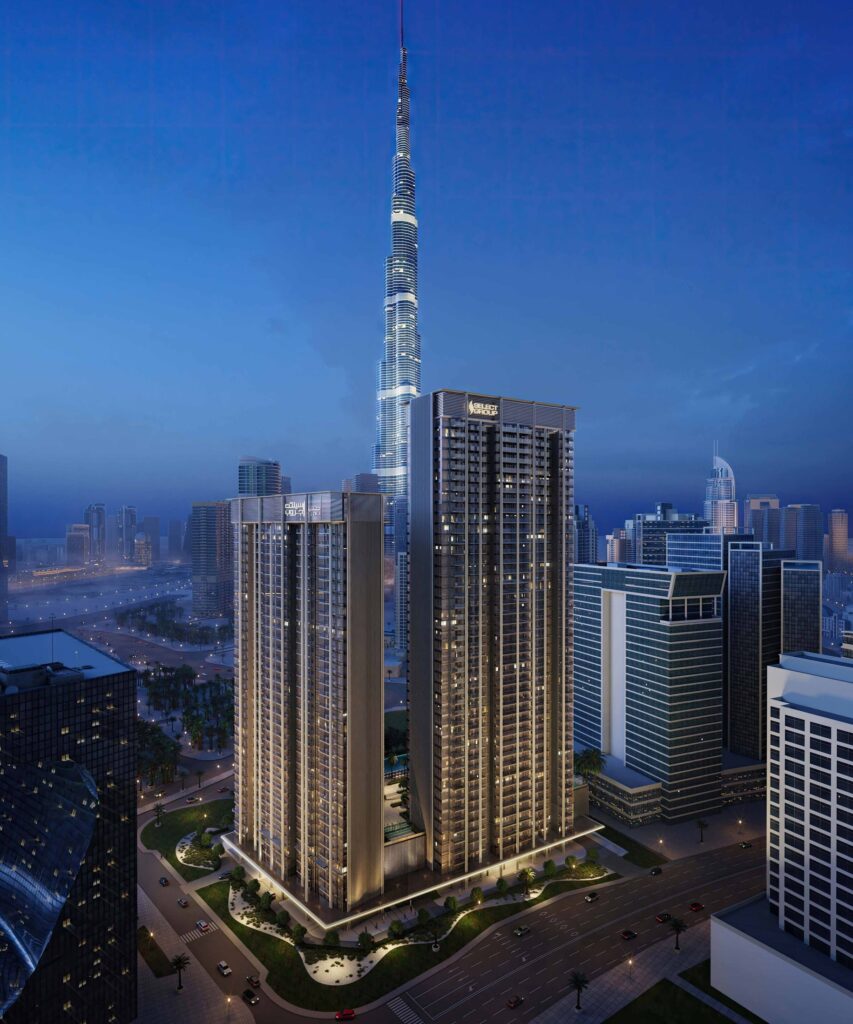The EDGE by Select Group towers lit at night beside Burj Khalifa, Business Bay