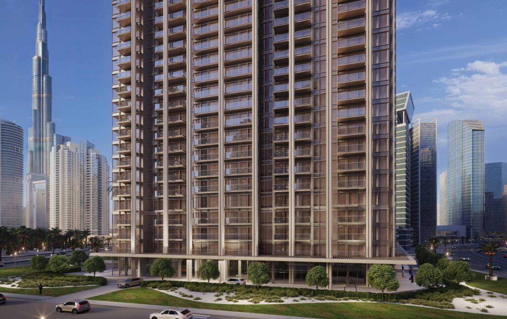 The EDGE by Select Group tower with landscaped podium and Downtown skyline, Business Bay