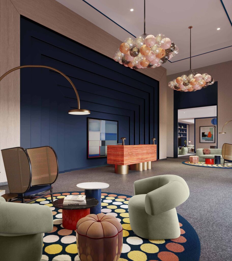 Lobby lounge with colourful furniture at The EDGE by Select Group, Business Bay
