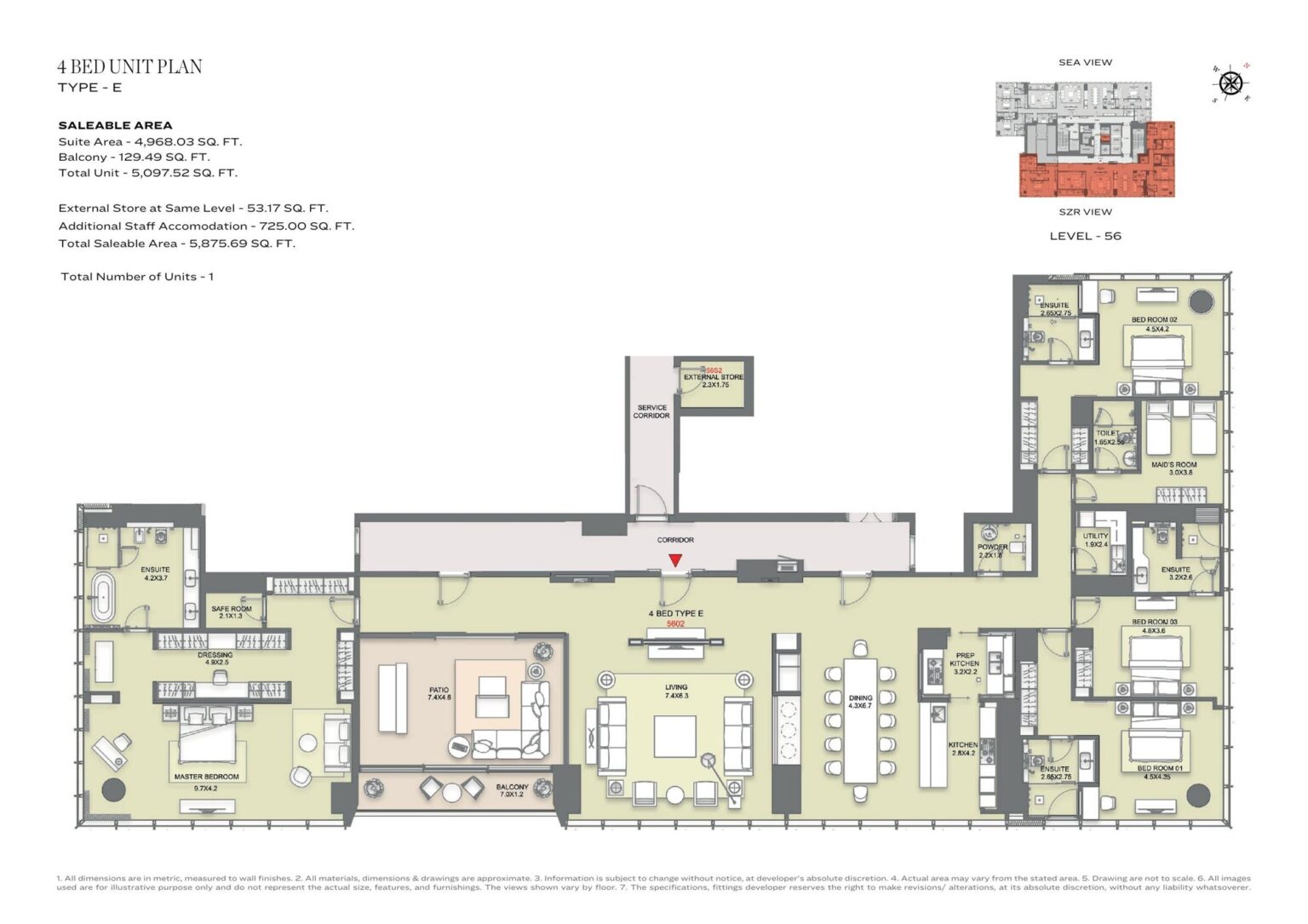 The S Tower by Sobha 4 bedroom sky villa floor plan, sheet 3 of 5, Dubai
