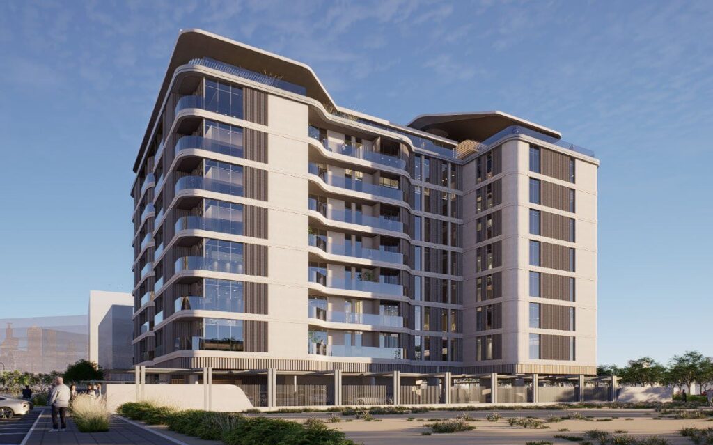 Timber Terrace by Vakson building facade under a blue sky, Dubai South