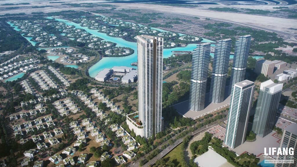 Aerial view of the Verde by Sobha towers among JLT lakes, Jumeirah Lake Towers