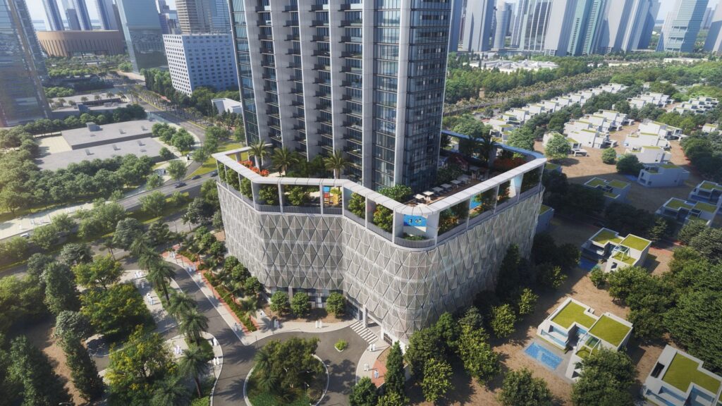 Verde by Sobha towers with podium gardens from above, Jumeirah Lake Towers