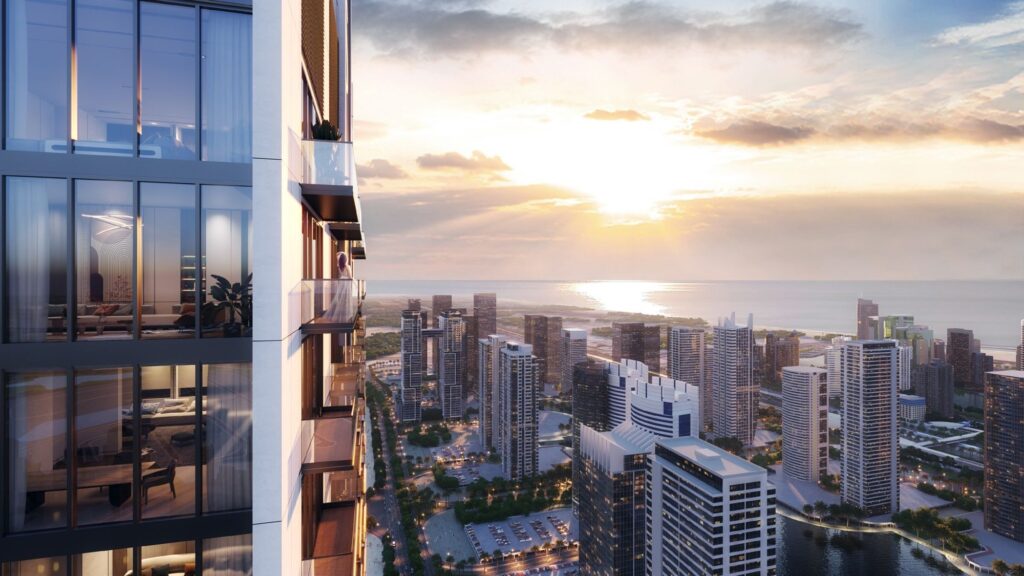 Sunset view across JLT and the sea from Verde by Sobha, Jumeirah Lake Towers