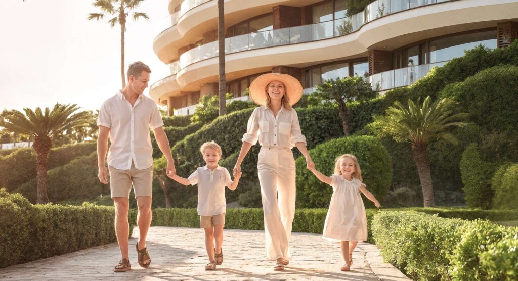 Family walking through landscaped gardens at Vestoria Bay, Dubai Islands